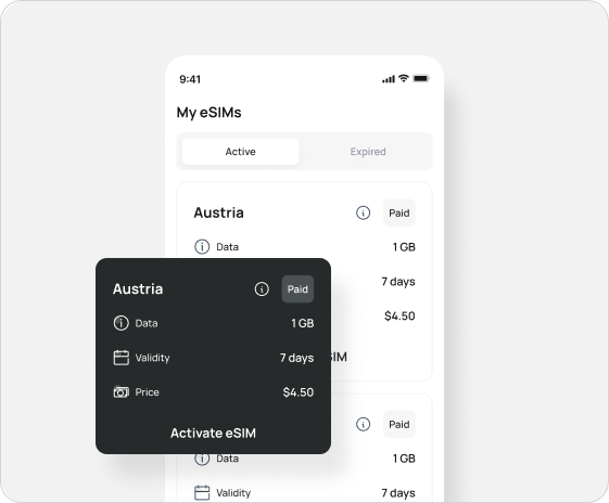 eSIM phone screen with countries